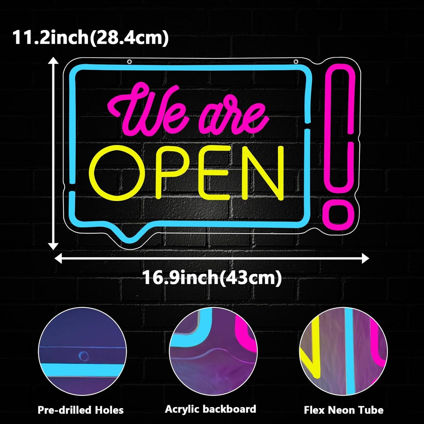 Open Neon Sign for Business, We Are Open Led Neon Light Signs for Store Shop Bar Café Restaurant Wall Decor Bright Advertisement Sign for Window Dimmable USB Powered(16.9"*11.2")