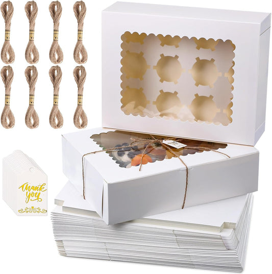 36 Pack Cupcake Boxes Hold 12 Standard Cupcakes Disposable Cupcake Containers with Window and Insert Cupcake Carrier with Thanks Card and Jute Rope to Muffins Cupcakes Cookies Gift Wrapping