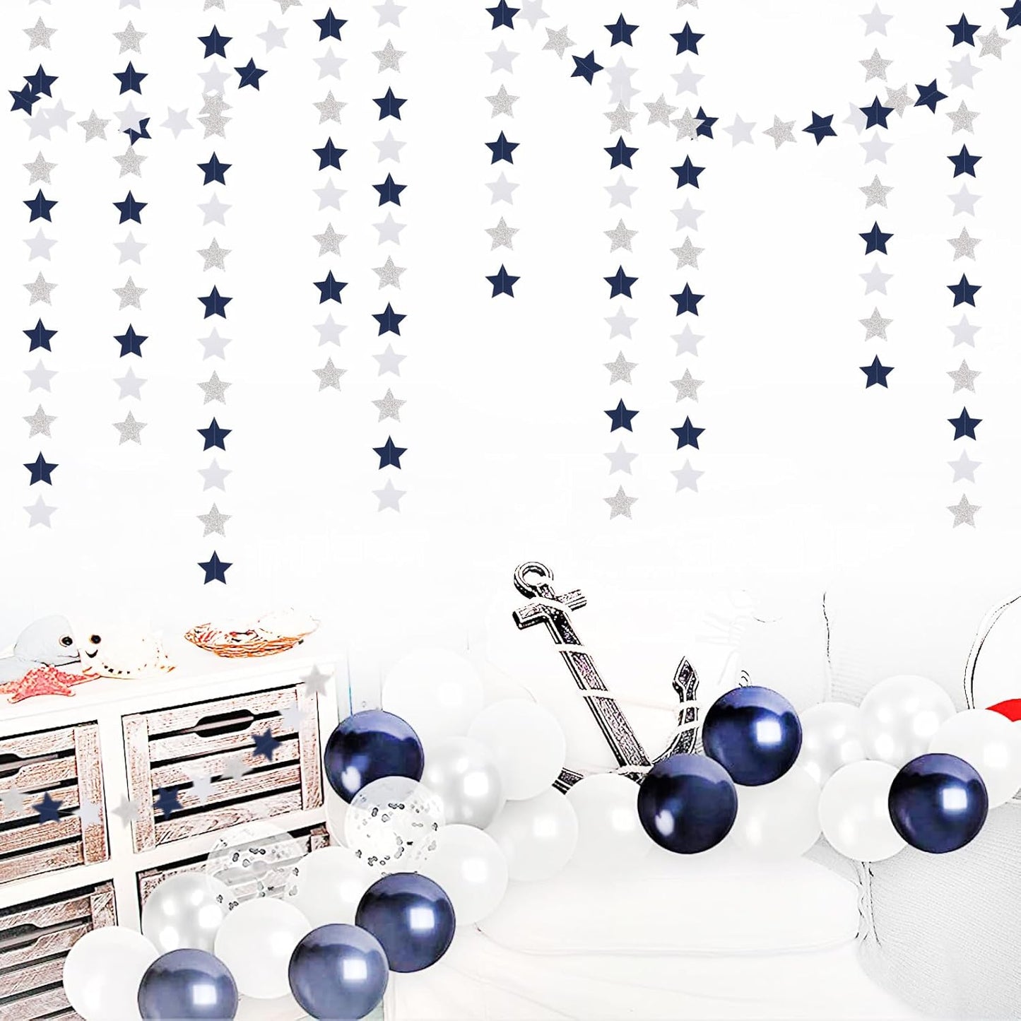 Navy-Blue White-Silver Party-Decorations Birthday Garland - 62ft Twinkle Little Star Hanging Streamers Banner,Wedding Bachelorette Bridal Baby Shower Graduation Decor Hugtmr