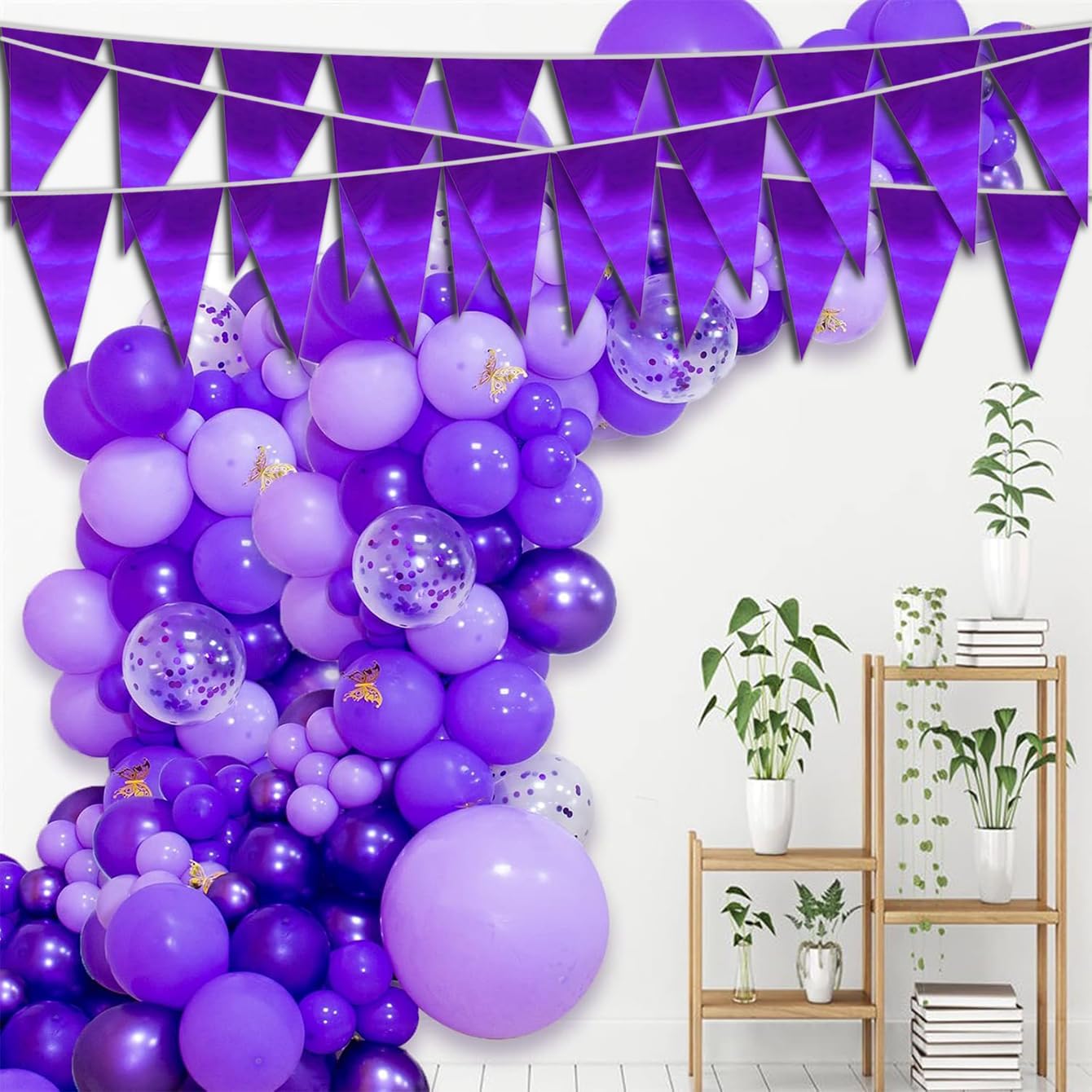 40M/130FT Purple Triangle Pennant Banner Flag Metallic Fabric Bunting Garland for Christmas Graduation Wedding Engagement Anniversary Bachelorette Birthday Bridal Shower Valentines Hen Party Supplies