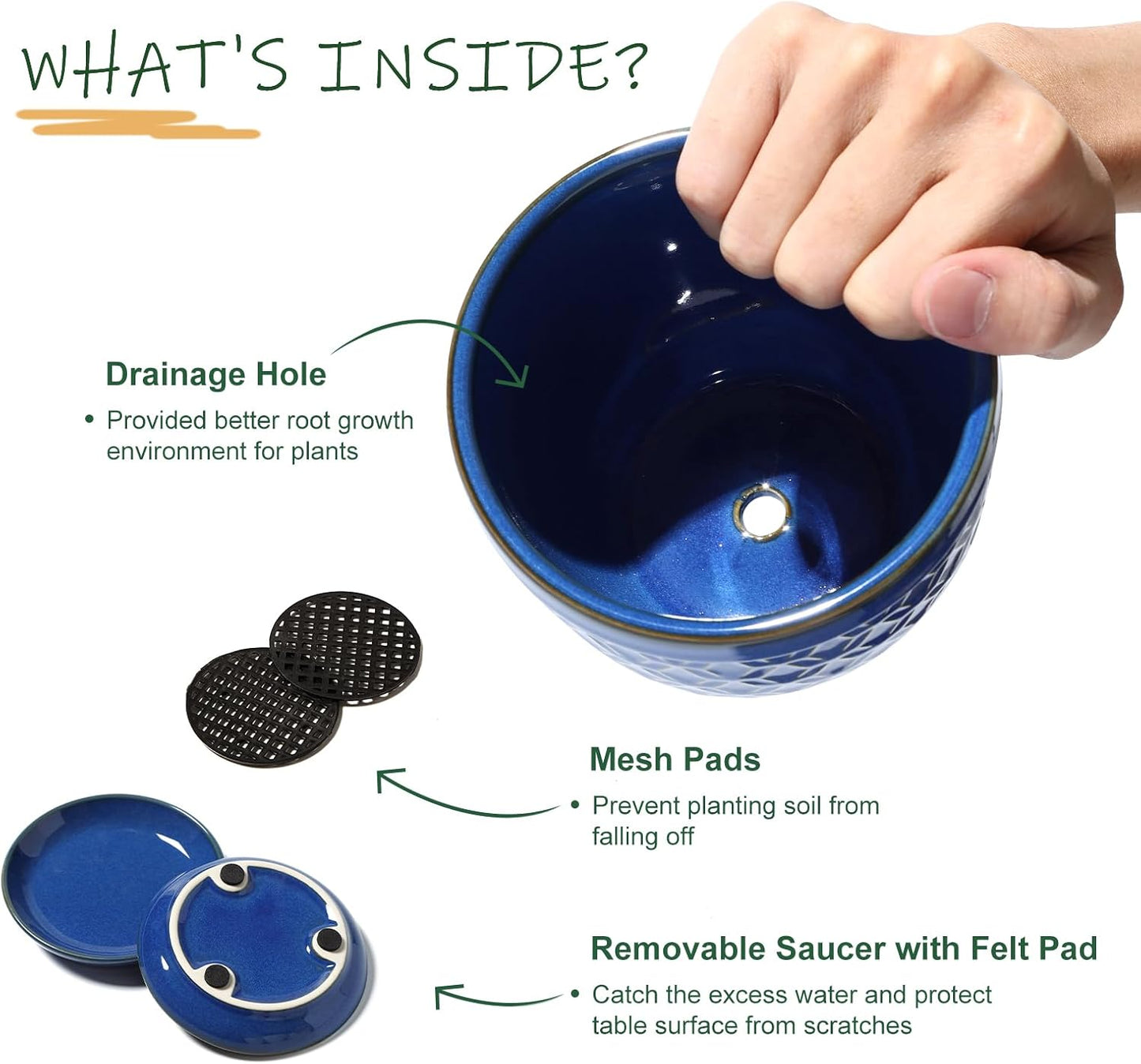 Sureasy Ceramic Plant Pots, 4.7 Inch Flower Pots for Indoor Plants, Succulent Pots with Saucer and Drainage Hole, Decorative Planter for Succulent, Cactus, Set of 4, Blue