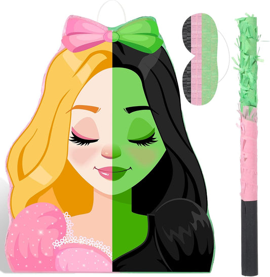 Kasyat Witch Princess Piñata Party Game Set Halloween Witch Piñata with Bat Stick Blindfold Pink Green and Black Party Decor for Halloween Birthday Baby Shower Game Supplies Decor (Movie)