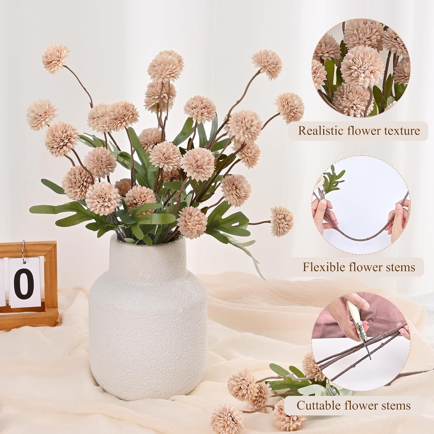 Waipfaru 10pcs Fake Silk Pompon Mum Artificial Flowers, Bulk Faux Mini Chrysanthemums with 2pcs Eucalyptus Stems, for Centerpieces Wedding Fillers Champagne Arrangements Boho Decor, No vase, Beige
