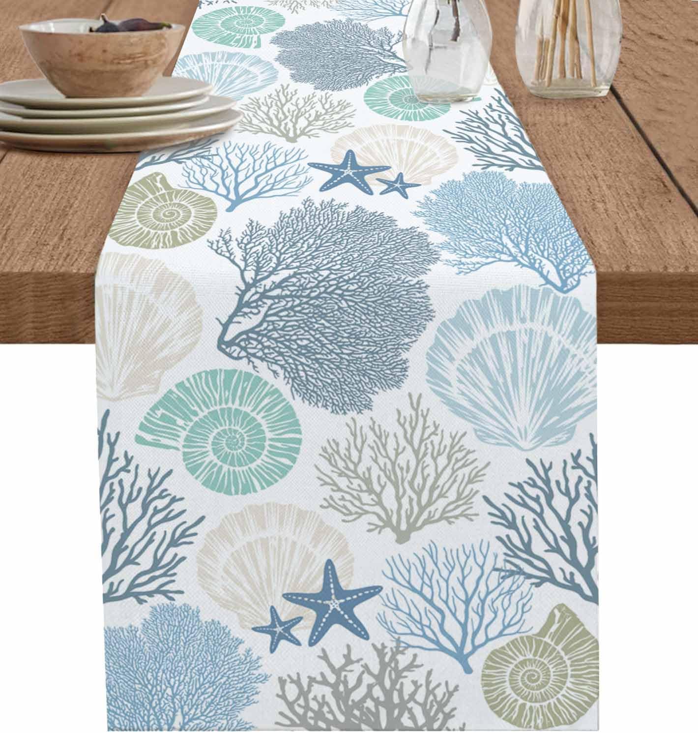 Coastal Coral Cotton Linen Table Runner for Dining Kitchen, Wedding Outdoor Party Tablerunners Decoration, Blue Nautical Starfish Ocean Shell Beach Dresser Scarf Coffee Tablecloth Runners 13x36 Inches