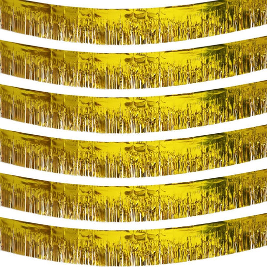 6 Pack Gold Total 60 Feet Foil Fringe Garland Metallic Tinsel Banner Wall Hanging Drapes Parade Float Skirting Decorations for Trailer Mardi Gras Party Birthday Wedding (Gold)