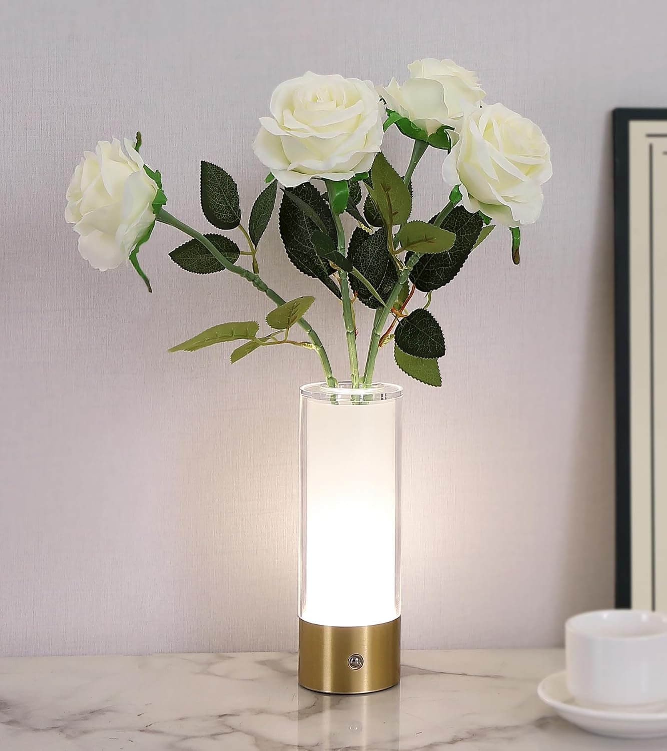 Flower Night Light,Touch Vase Lamp,Rechargeable Cordless Table Lamp,Home Decor Lamp for Dining Table/Bed Room/Bathroom/Closet,Gifts for Women/Mom/Girl, Artificial Roses Included