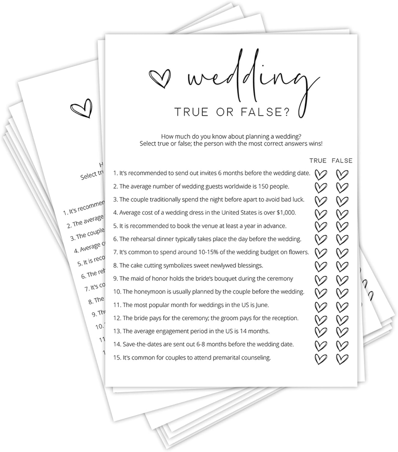 Bridal Shower Games, True or False, 25Pcs Minimalist White Double-Sided Bridal Game Cards with 1 Answer Key, Wedding Shower Games for Guests, Engagement Bachelorette Party Supplies - A07