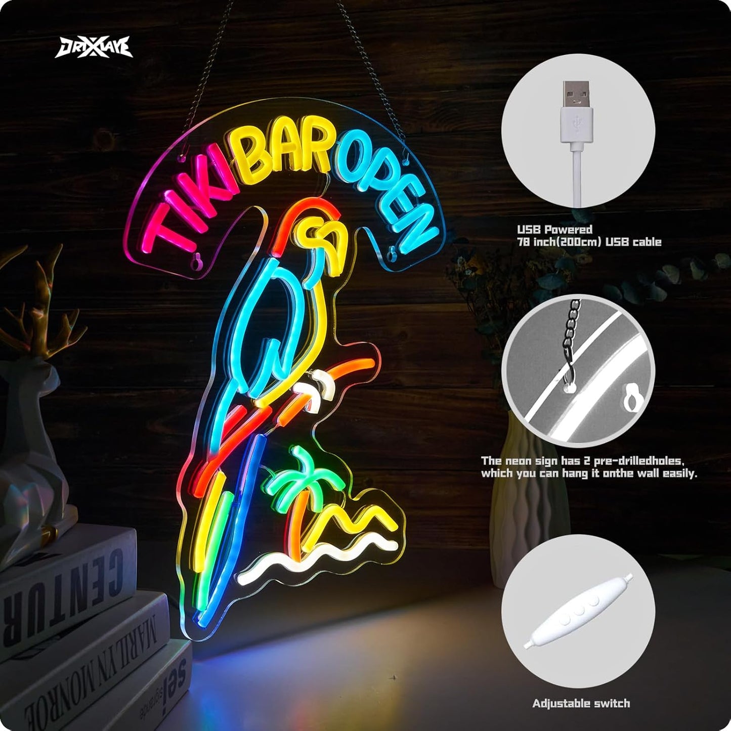 Tiki Bar Parrot Neon Sign for Wall Decor Hawaii Beach Bar LED Sign with Dimmer for Pub Party Man Cave Room Art Decor Gift USB-Powered (16.1x12.6) Inch