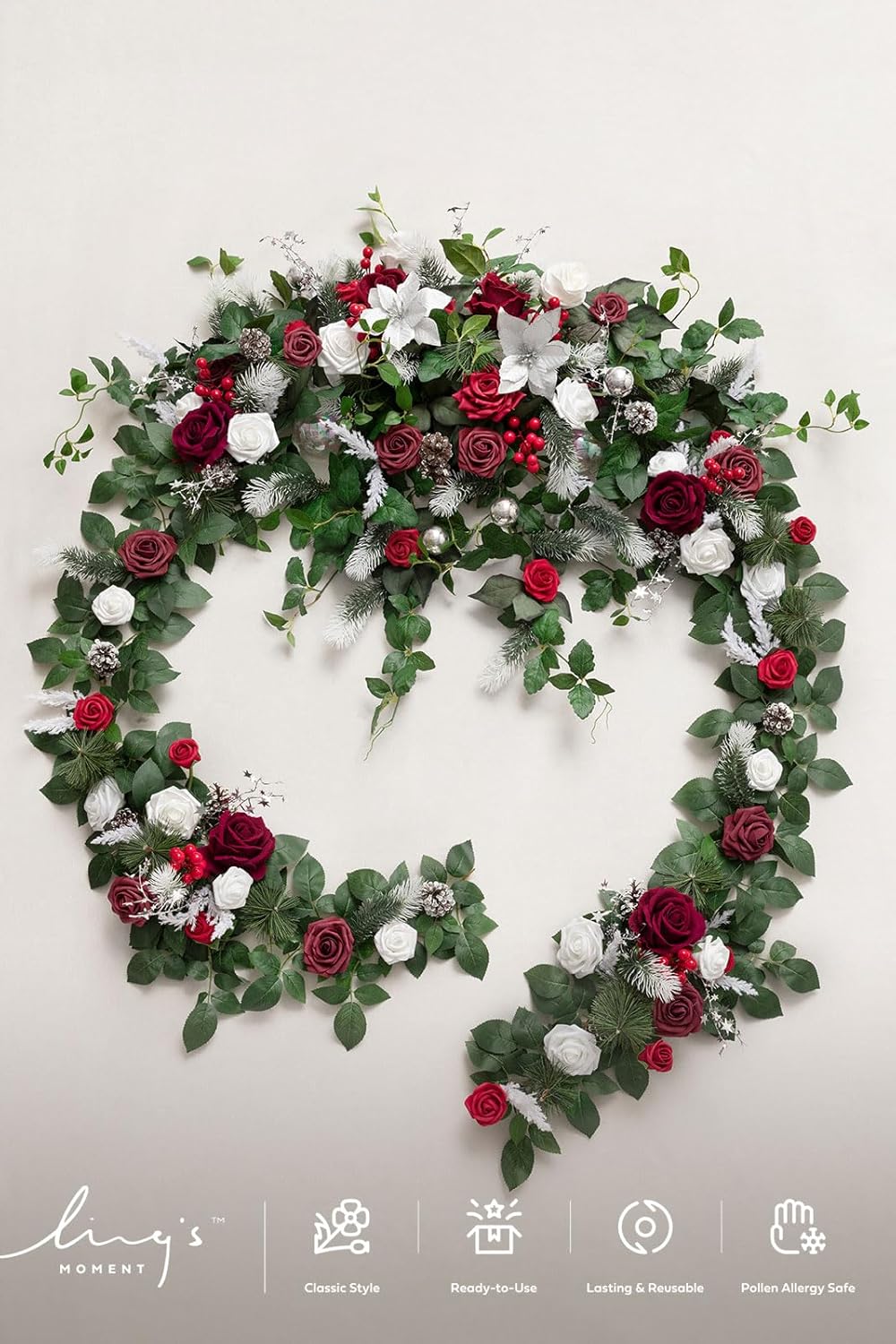 Ling's moment 9FT Eucalyptus and Willow Leaf Garland with White Flower, Handcrafted Wedding Sweetheart Table Centerpieces Head Table Decor Arch Backdrop Decorations for Wedding | Red & White