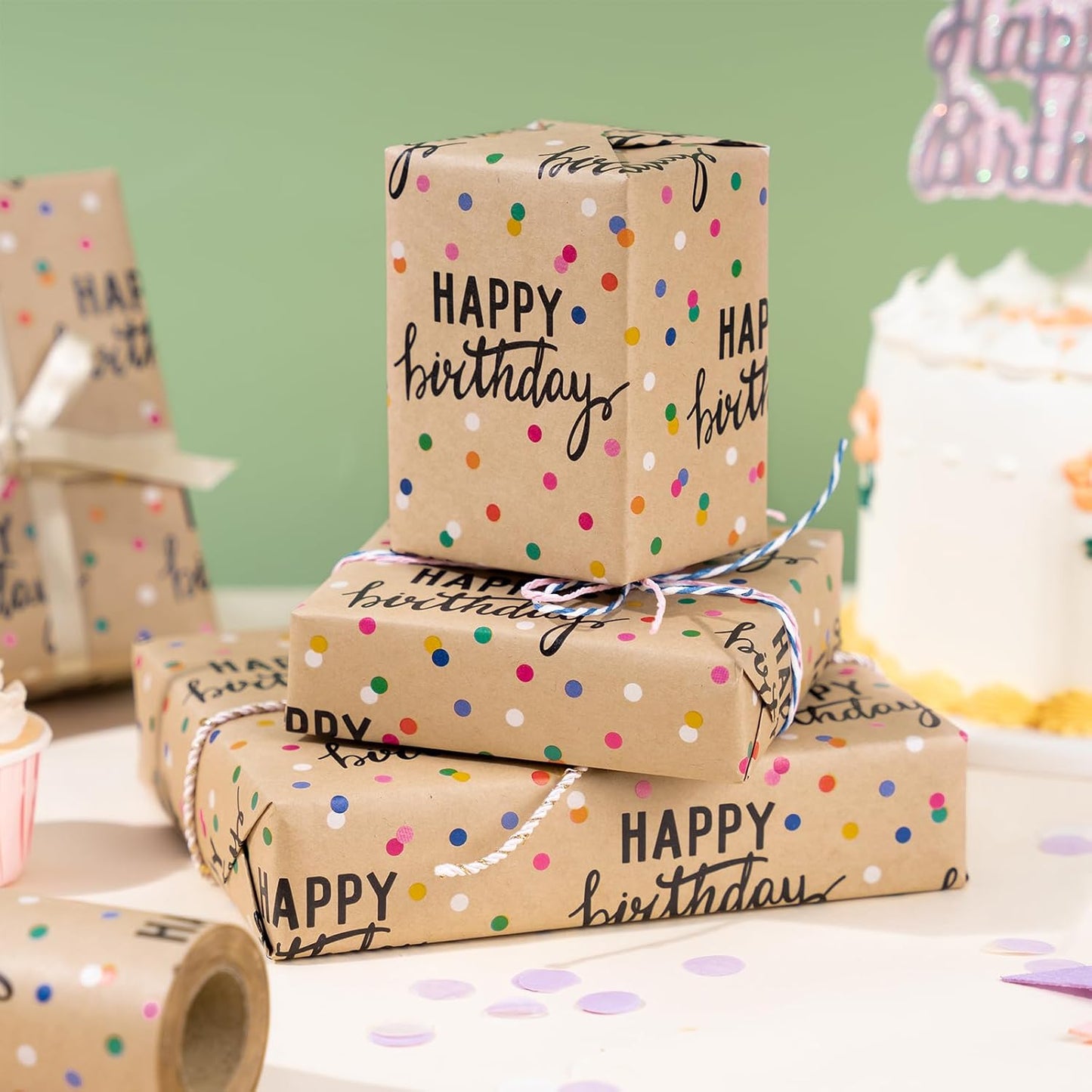 LeZakaa Birthday Kraft Wrapping Paper Roll, Happy Birthday Lettering & Colored Polka Dots Kraft Design for Holiday, Party, Baby Shower, 17 inches x 32.8 Feet (46.45 sq.ft.)
