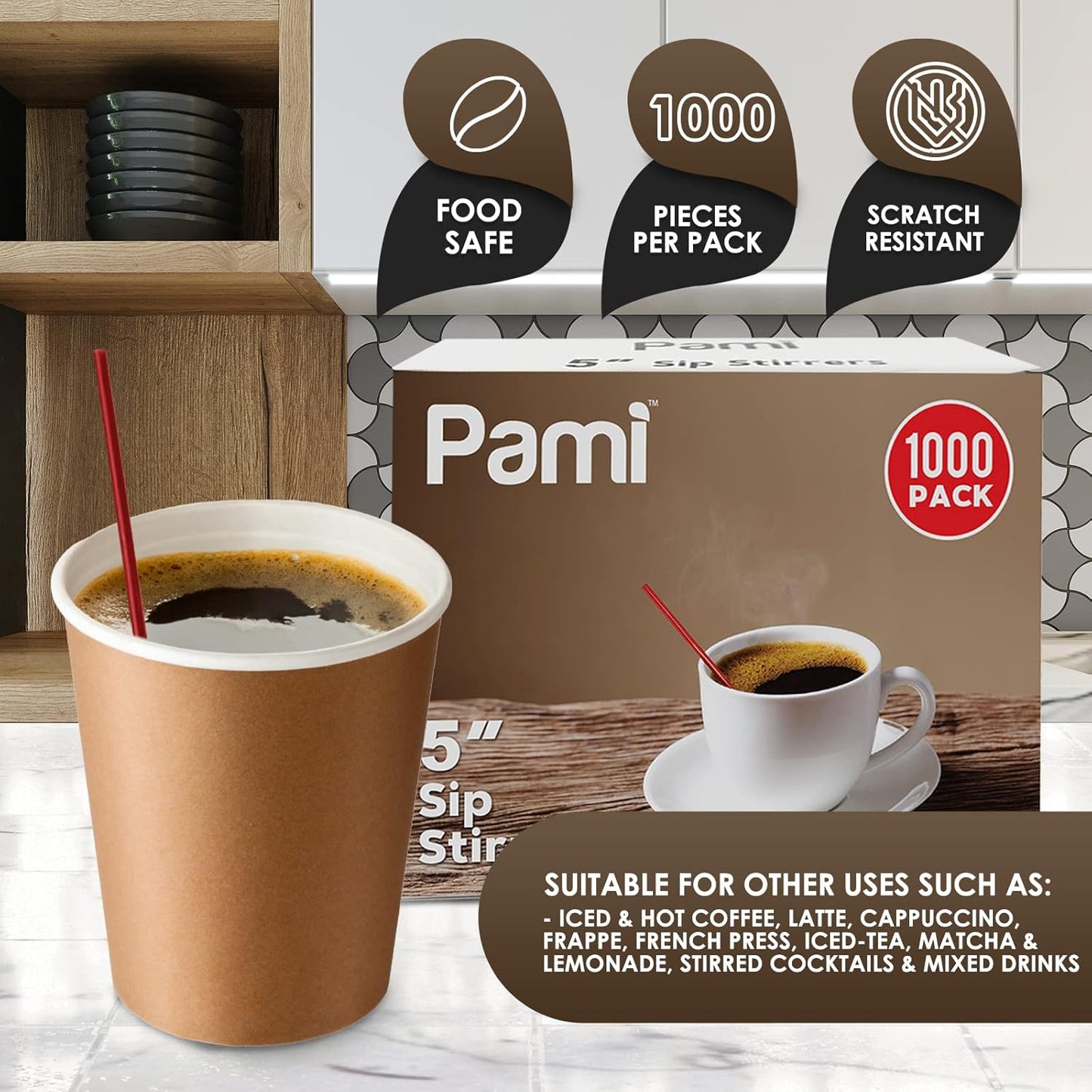 PAMI Disposable 5in Plastic Sip Stirrers/Straws, Value Pack of 1000 Stirring Sticks for Hot & Cold Drinks, Cocktail & Coffee Bar Stir Straws (Red One Size)