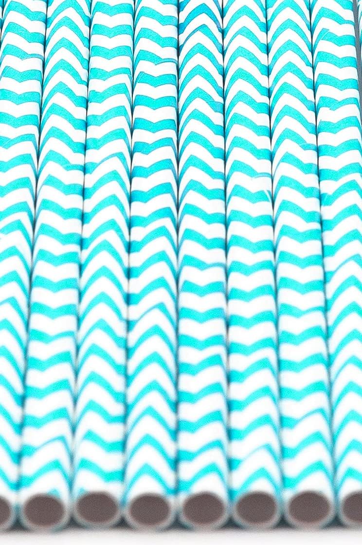 Pack of 900 Turquoise Chevron Biodegradable 4-Ply Paper Drinking Straws (Compostable, Non-toxic, BPA-free)