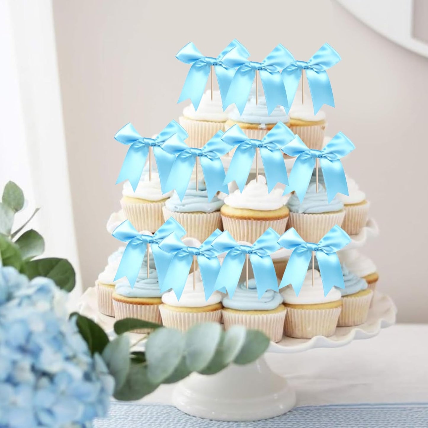 24 PCS Bow Cupcake Toppers Bowknot Cake Toppers Bow Girls Birthday Cake Decorations Bow Cake Dessert Picks Bowknot Cupcake Picks for Baby Shower Birthday Wedding Bridal Engagement Party Supplies Blue