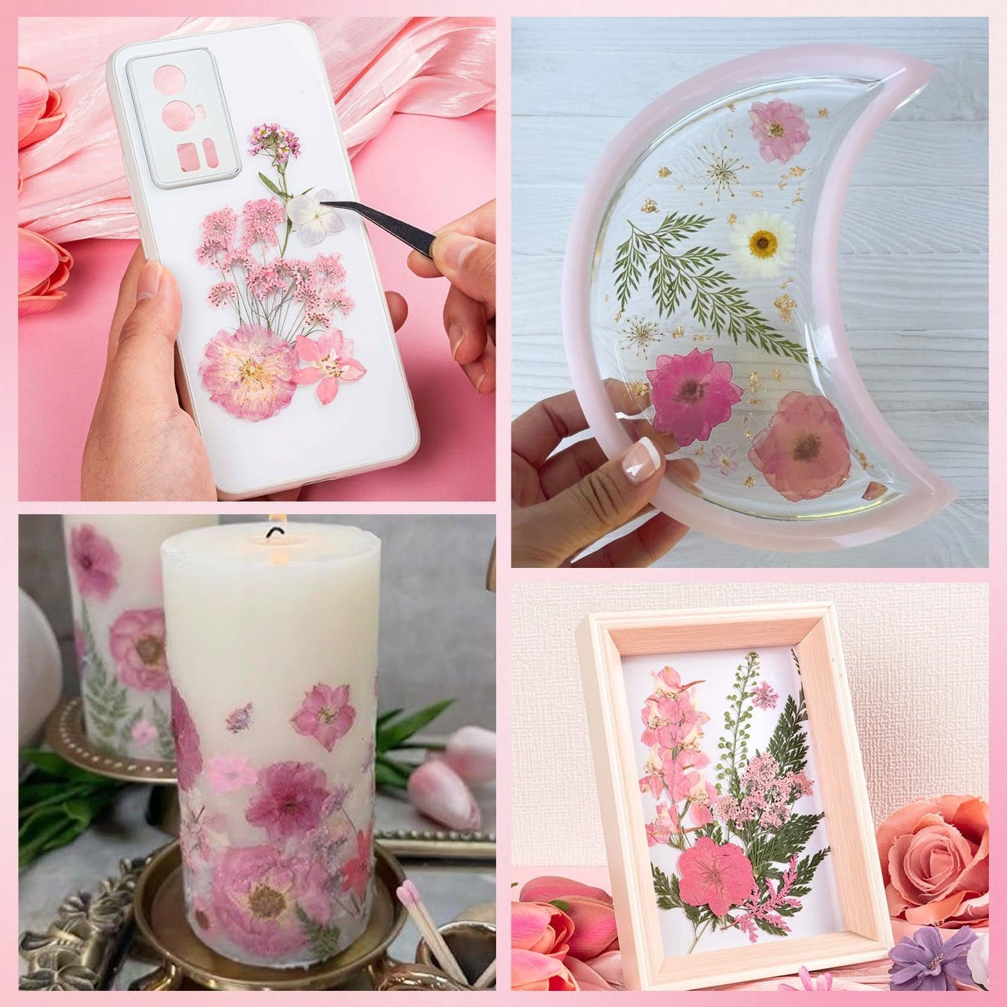 50pcs Pink Pressed Flowers Bulk, Romantic Dried Flower Leaves, Natural Pressed Dried Flowers with Tweezer for DIY Crafts Resin Mold Candles Cake Bridal Scrapbooking Supplies