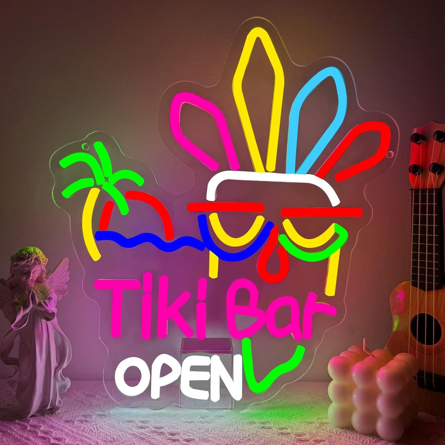 Tiki Bar Neon Sign, Tiki Bar Open Led Neon Light Signs for Wall Decor Hawaii Tropical Luau Aloha Party Outdoor Decorations for Pub Bistro Night Club Home Man Cave Dimmable USB Powered(13.8" × 12.2")