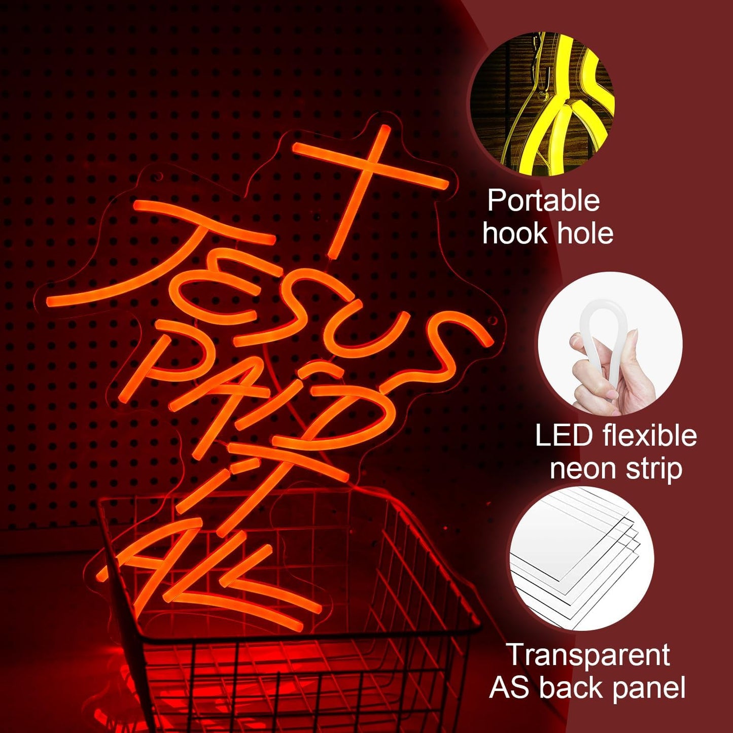 Jesus Paid It All Neon Sign Red Cross Neon Light for Wall Decor Dimmable Jesus Cross LED Light Up Sign for Christian Church Christams Home Wedding Decor Birthday Gifts(16.7 * 12.8In)