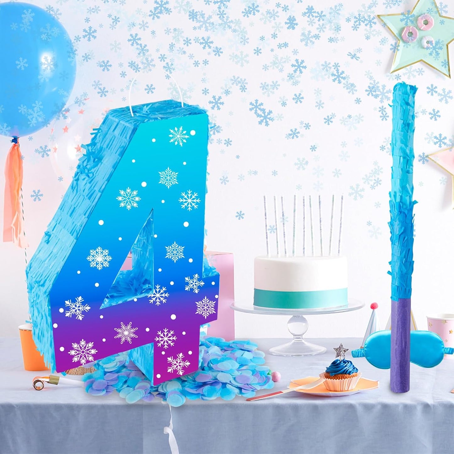Snowflake Birthday Decorations, Winter Ice Snowflake Number 3 Pinata with Stick Blindfold and Confetti Snowflake Piñata 3rd Birthday Party Decoration & Supplies (Snowflake 4)