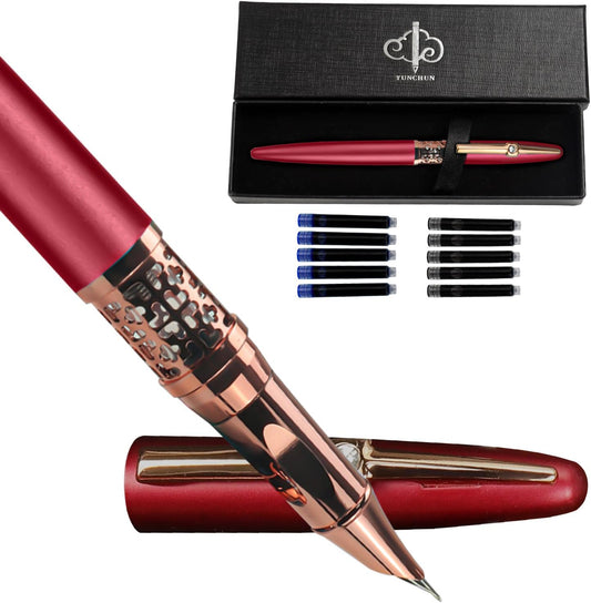 YUNCHUN Refillable Fountain Pen Fine Nib, Fancy Ink Pen with 5 Black & 5 Blue Ink Refills Cartridges, Cool Ink Pens for Writing, Business Metal, Best Gift Set for Men & Women, Red