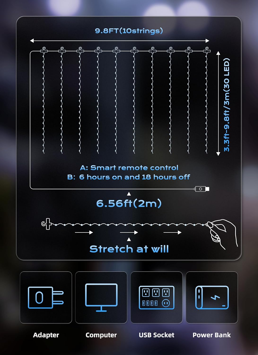 Brightown 300 LED Fairy Curtain Lights, 9.8ft x 9.8ft White Curtain String Lights, Winter Wonderland Decorations, USB Plug 8 Modes LED Christmas String Hanging Lights with Remote for Indoor Outdoor