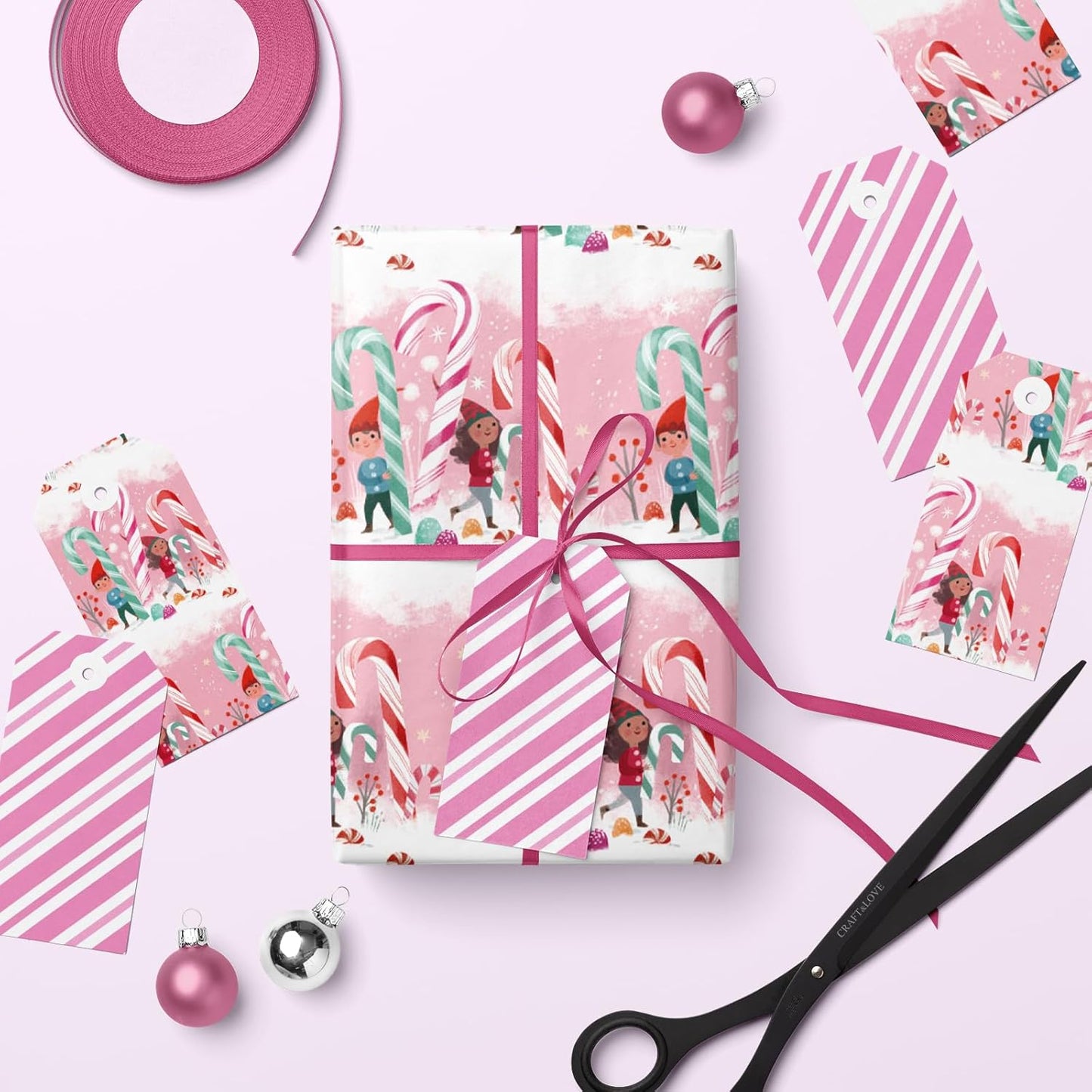 LeZakaa Christmas Pink Wrapping Paper Mini Roll for Kids, Playful Elf Cane Candy, Pink White Candy Stripes Sweet Snowy Reversible Design, 17 inches x 32.8 Feet