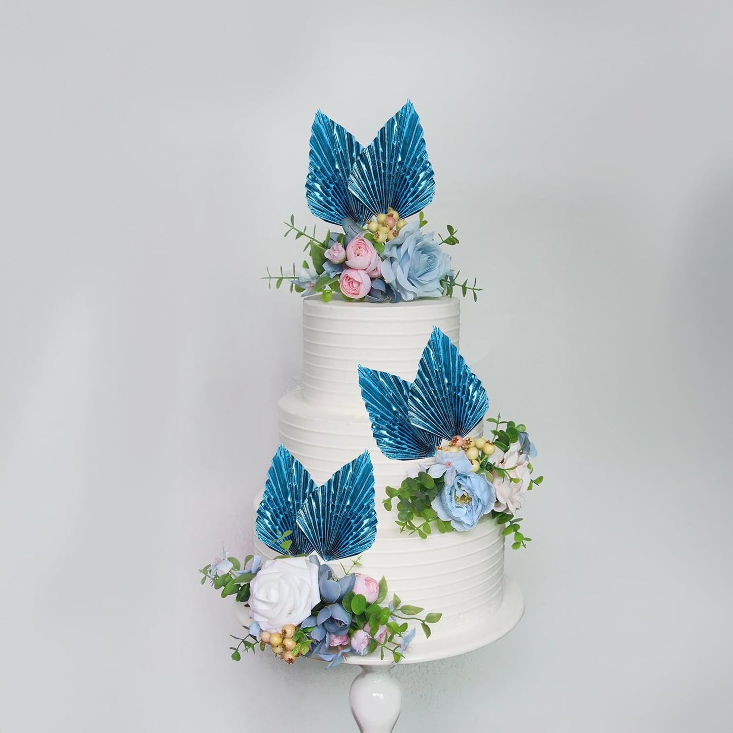 Gyufise 6Pcs Paper Palm Fan Cake Toppers Palm Spear Leaves Fan Cupcake Toppers Cake Insert Decorations Craft DIY Cake Bakeware Decoration for Birthday Party Wedding Party Decor Supplies Light Blue