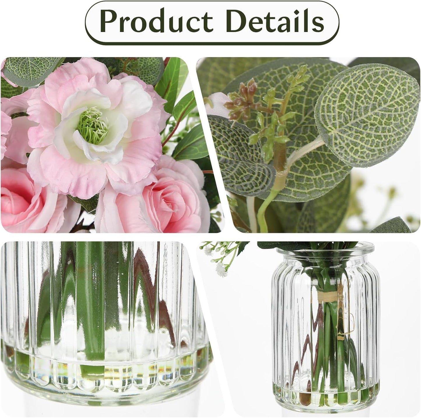 Hollyone Fake Flowers in Vase with Faux Water Artificial Silk Rose Flowers Arrangement with Eucalyptus Plants with Vase Faux Silk Rose Flowers Bouquets Table Centerpieces Office Bathroom Home Decor