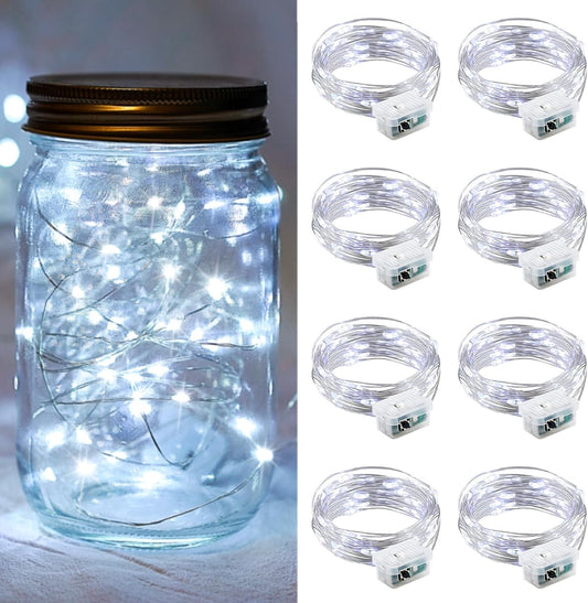 8 Pack White Fairy Lights 7Ft 20 LED Twinkle String Lights 3 Modes Battery Operated Waterproof Firefly Starry for Mason Jar Party Wedding Christmas Valentines Day Table Centerpieces,Cold White