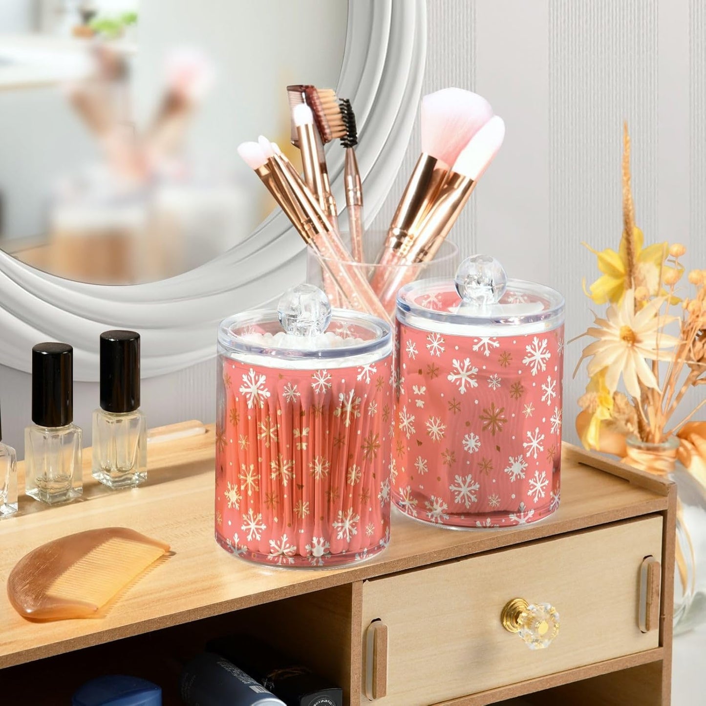 Gredecor 2 Pack Qtip Holder Clear Christmas Golden Pink Snowflakes Apothecary Jars with Lids Acrylic Christmas Winter Bathroom Jars Vanity Canister Storage Organizer for Cotton Ball,Swabs,Pads,Floss