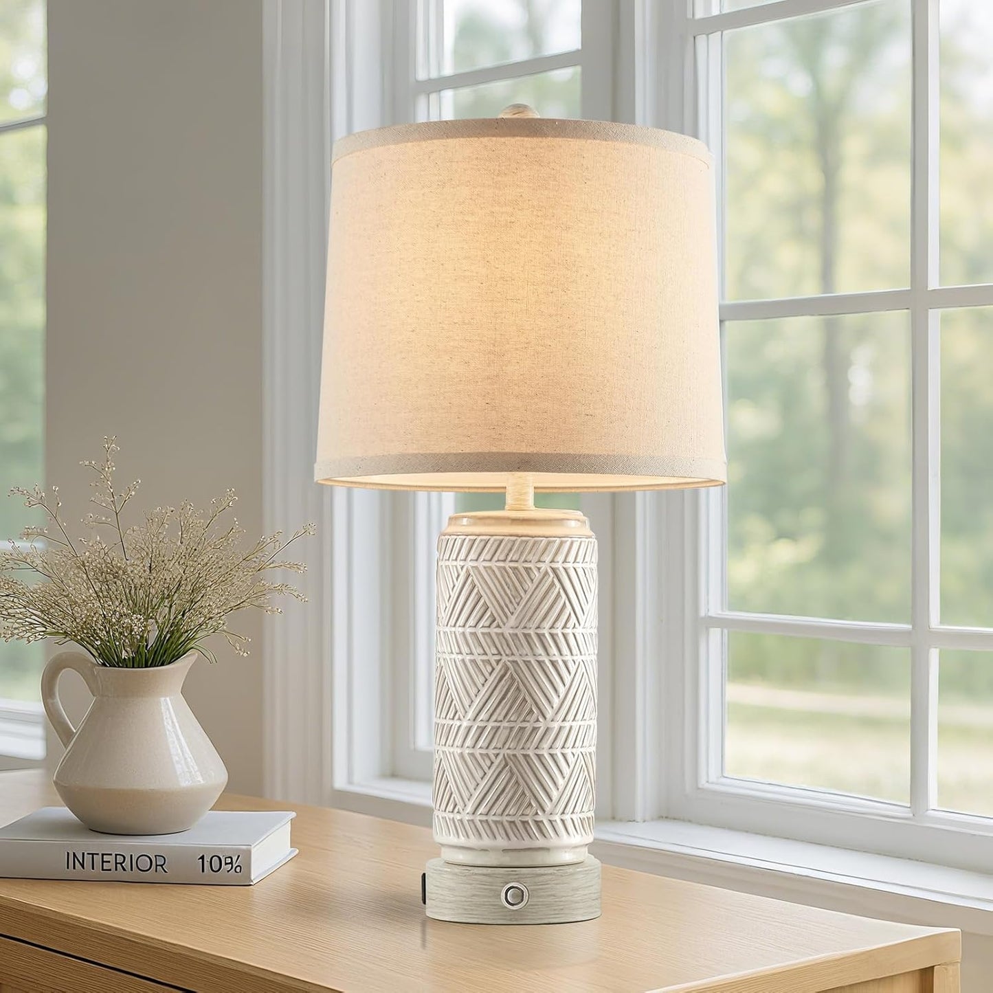 RORIA Set of 2 Rustic Touch Ceramic Table Lamps for Living Room, 3-Way Dimmable Nightstand Lamp with Dual USB Charging Ports, Linen Shade Bedside Bedroom Table Lamp, Bulbs Included