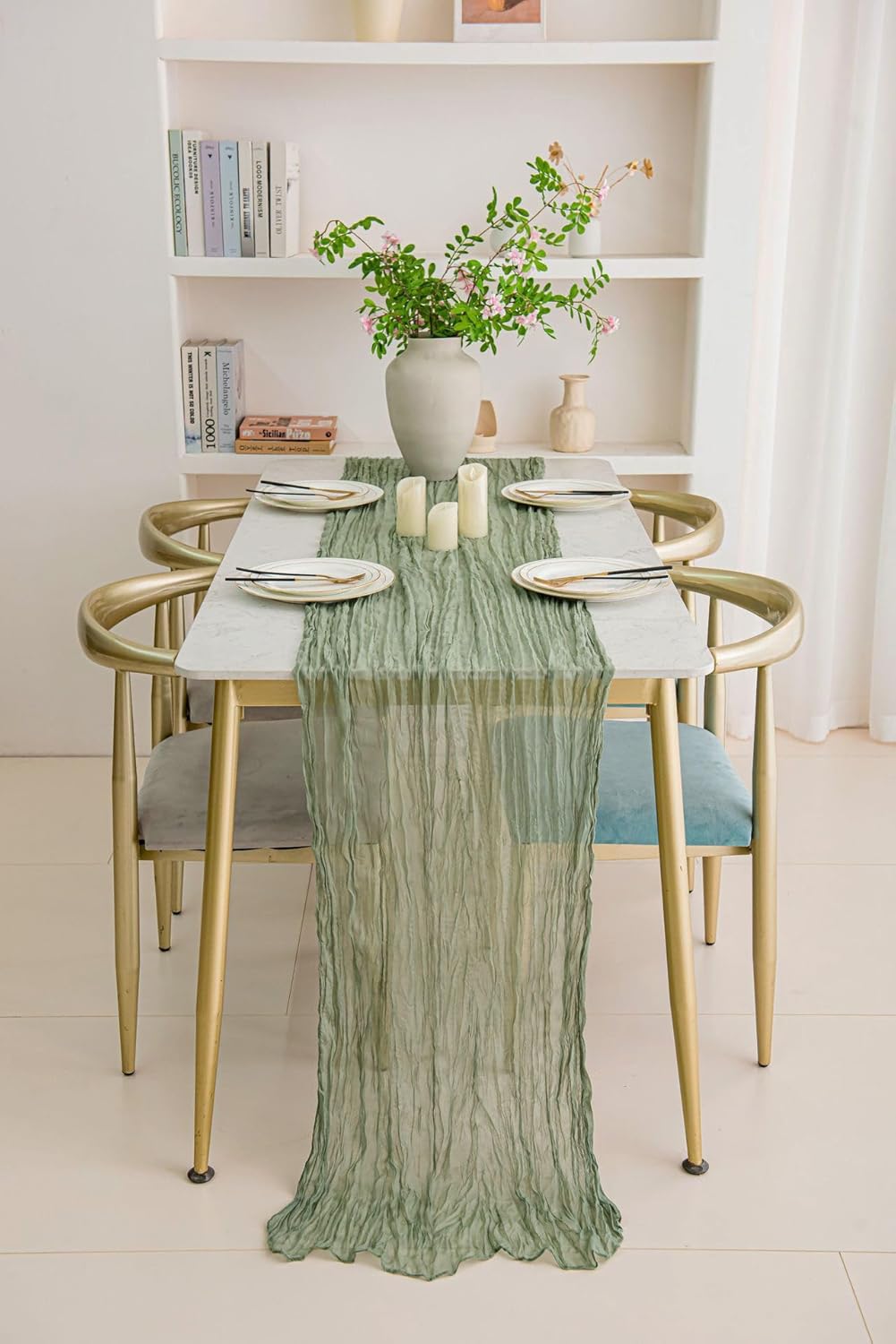 8 Pack 10Ft Sage Green Cheesecloth Table Runner 35x120 inch Boho Gauze Cheese ClothsTable Runners Long Wrinkled Sheer Romantic Table Runner for Wedding Bridal Shower Birthday Party Table Decor