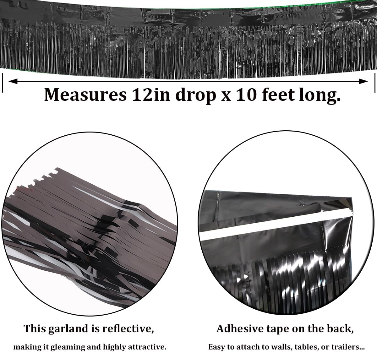 6 Pack Black Total 60 Feet Foil Fringe Garland Metallic Tinsel Banner Wall Hanging Drapes Parade Float Skirting Decorations for Trailer Mardi Gras Party Birthday Wedding (Black)