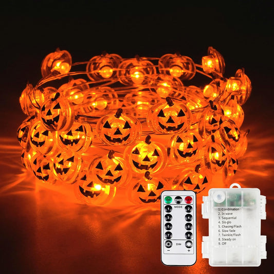 Halloween Fairy Lights Battery Operated 15Ft 40LED Orange Pumpkin String Lights 8 Modes with Remote, Warerproof Twinkle Lights with Timer for Indoor and Outdoor Halloween Decorations for Party Holiday