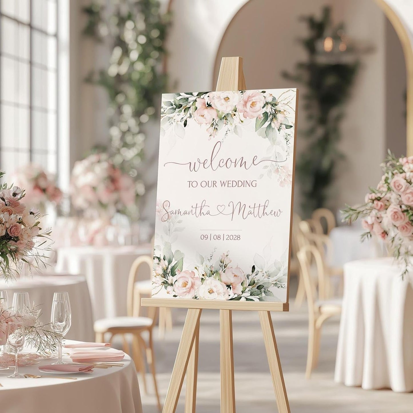 Personalized Wedding Welcome Sign, Blush Pink Floral Wedding Sign Signage 12" X 18" (Small), 27" (Medium), 36" (Large), Plastic, Modern, Pole Mount, Weather