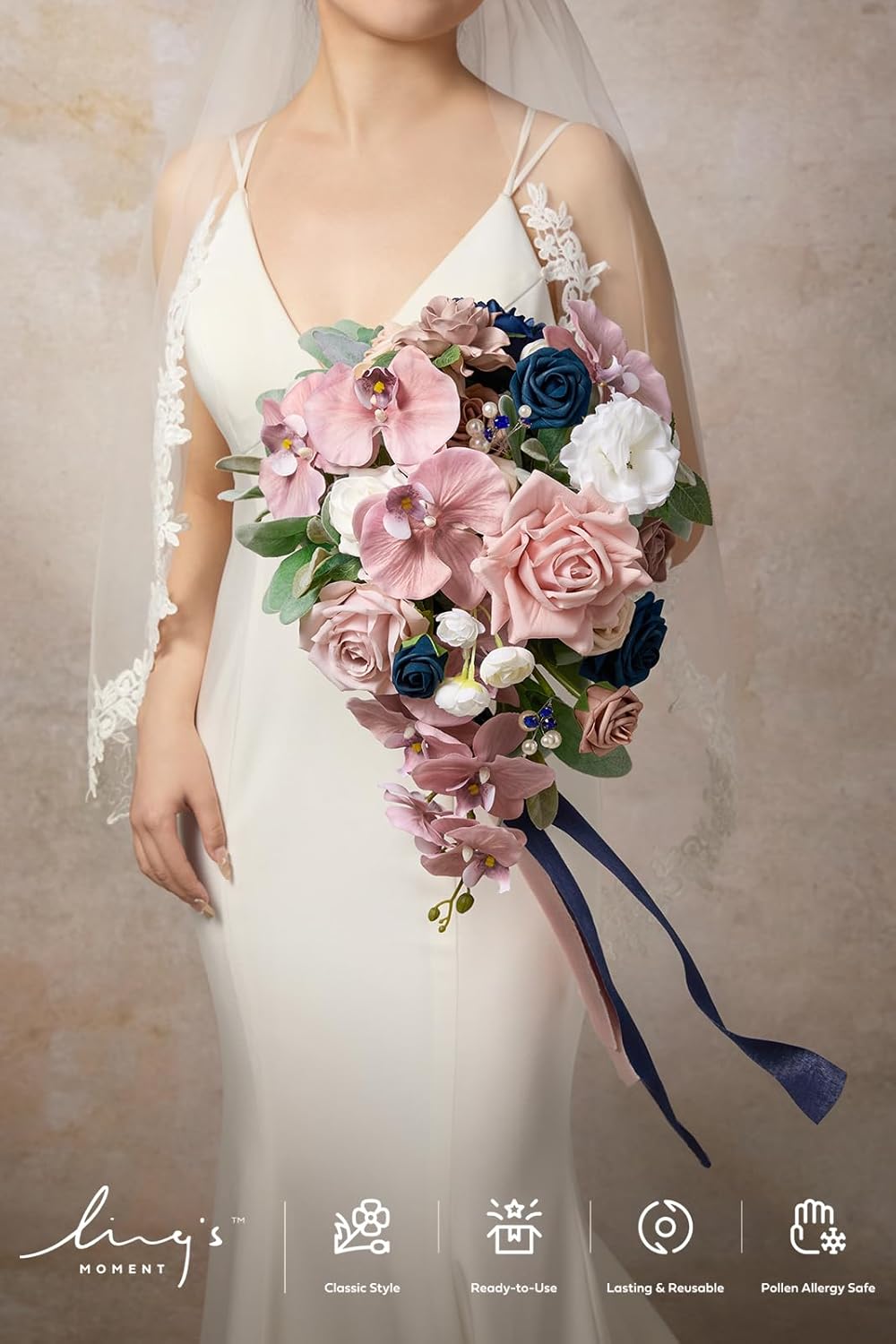 Ling's moment Pink Blue Bridal Bouquet Cascading, Dusty Rose Navy Wedding Bouquets for Bride, 13 Inch Bride Artificial Flowers Bouquets