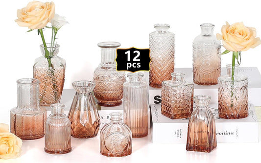 Mini Bud Vases Set of 12 As Wedding Centerpieces for Tables,Clear Bud Vases for Flowers,Small Flower Vases Suitable for Birthday Party,Anniversary,Wedding Reception,Baby Shower (Pink, 12PCS)