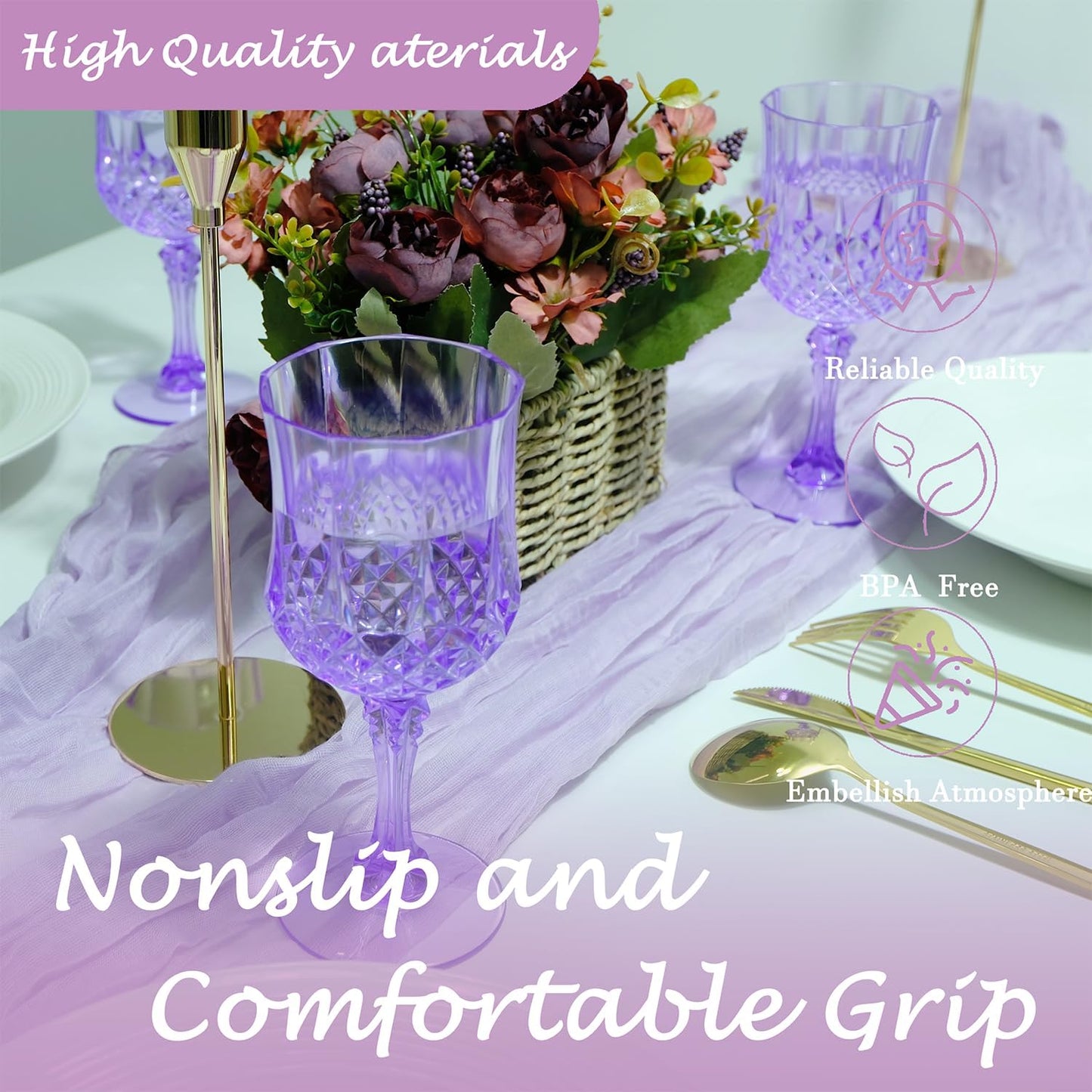 Plastic Wine Glasses，Plastic Goblets Vintage Style Cordial Drinking Glasses for Wedding Reception, Grand Event Party Supplies (12, Purple)
