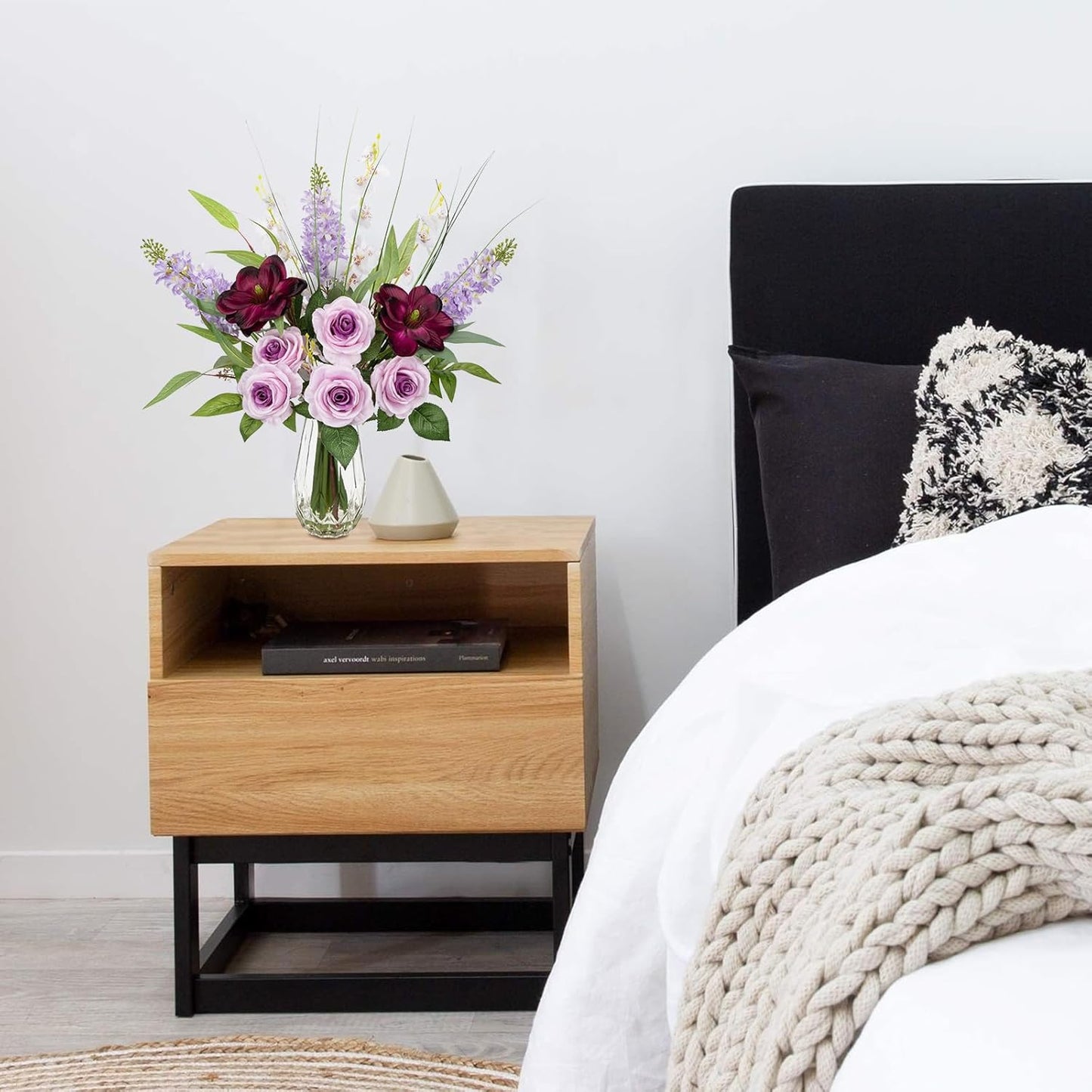 Briful Large Artificial Flowers Floral Arrangement, Mixed Purple Rose, Lilacs, White Orchids Potted Fake Silk Flowers in Clear Vase with Faux Water, Eucalyptus Stem Decor, Elegant Home Office Décor