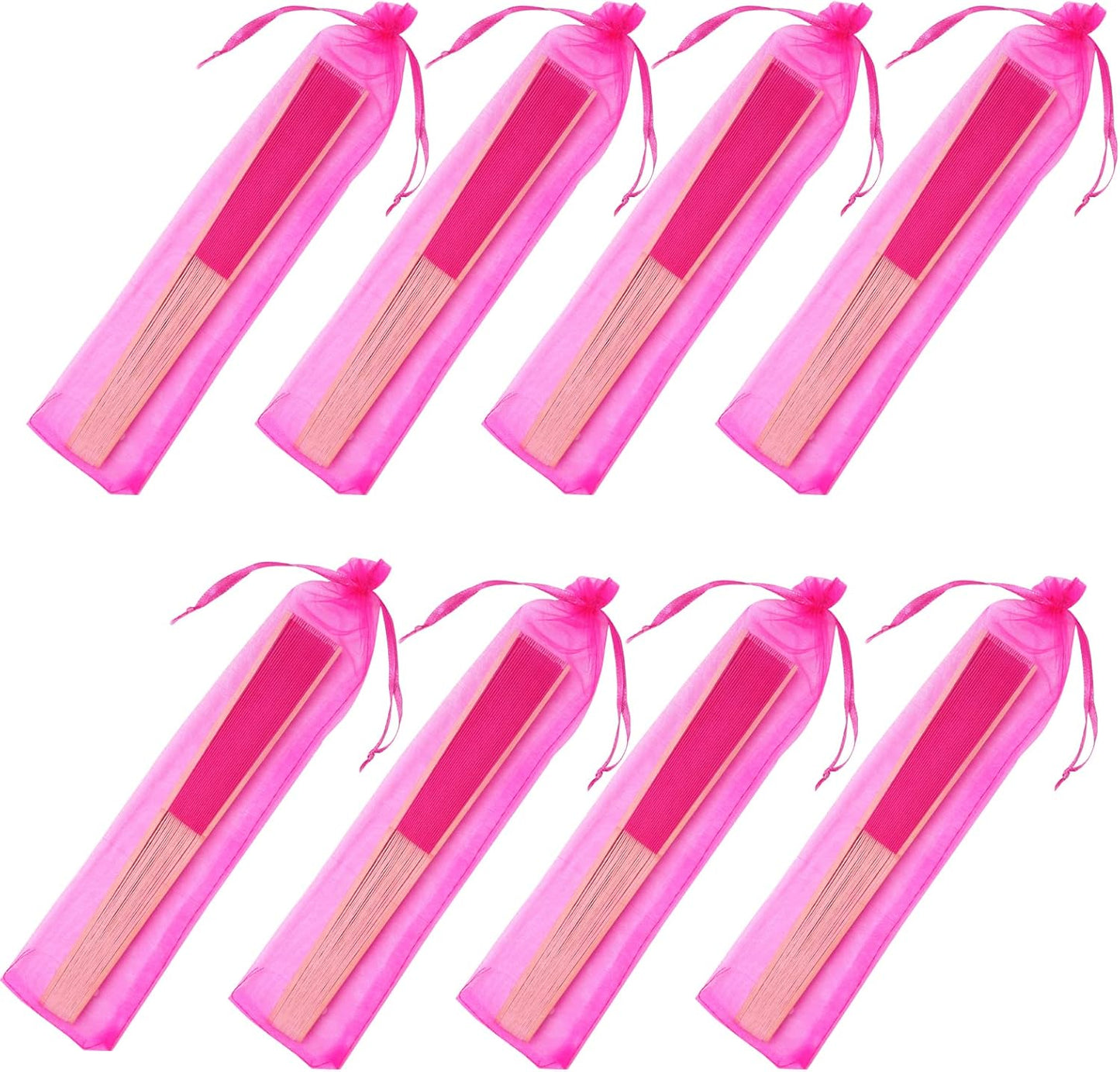 24pcs Imitated Silk Hand Fan Imitated Silk Fabric Bamboo Handheld Folded Fan Bridal Dancing Props Church Wedding Party Favors with Organza Bags (Hot Pink)
