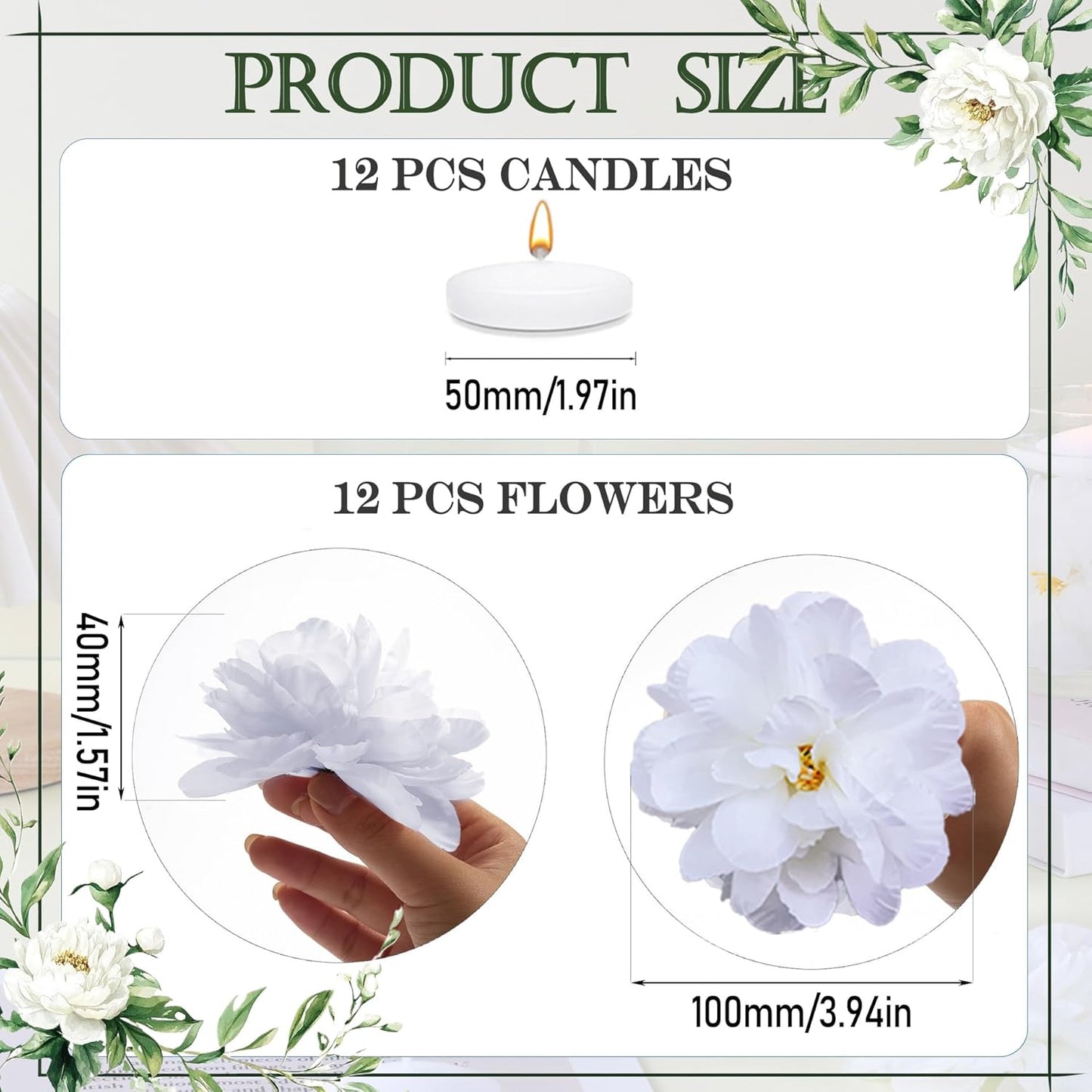 24 Pcs Floating Candles for Centerpieces and Floating Flowers Vase Fillers for Centerpieces White Artificial Flowers for Wedding Table Party Home Decoration