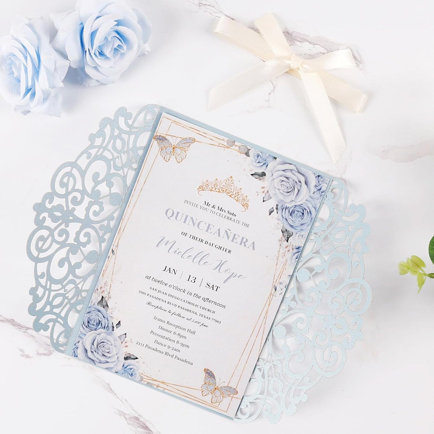 50pcs Laser Cut Wedding Invitation Pockets 5x7 '' Dusty Blue Wedding Invitations Kit With Envelopes Blank Inner Sheet and Ribbon for Wedding Bridal Shower Quinceanera Engagement Party Invite