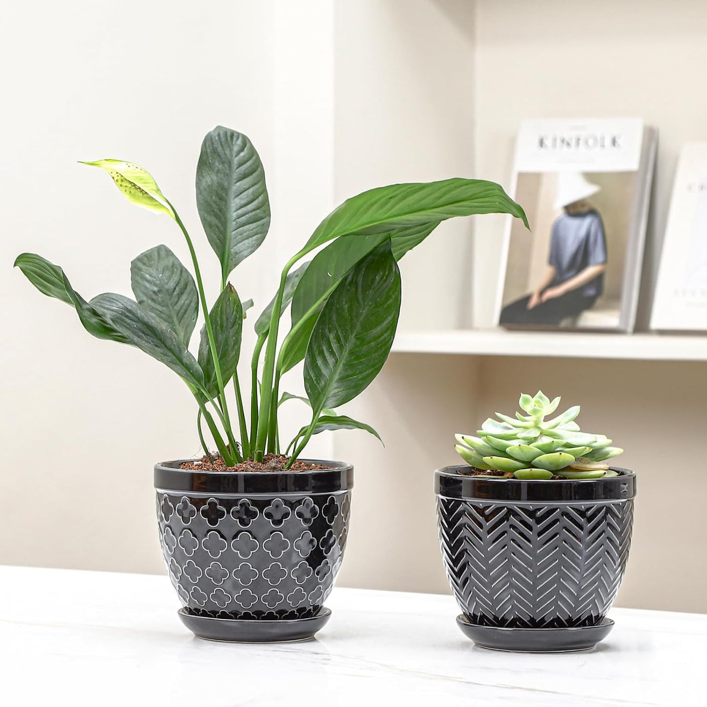 Sureasy Ceramic Indoor Plant Pots - 5.6 Inch Flower Pots for Plants with Drainage Hole and Saucer, Embossed Planter for Succulents, Orchid, Cactus, Indoor Home Decor, Set of 4, Black