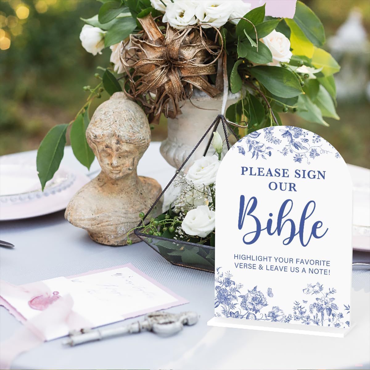 Acrylic Wedding Signs, Dusty Blue Wedding Decor, Blue Weddings Decor, Modern Calligraphy Arch Acrylic Table Top Sign for Weddings Parties Dinners - Please Sign Our Bible (White)