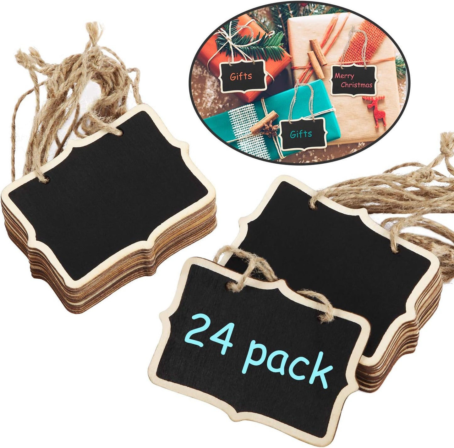 Outus 24 Pcs Mini Chalkboard Signs Bulk Hanging Wood Chalkboard Signs 3.35 x 2.36 Inch Kitchen Notes Chalk Board with Lanyard Bulk Small Message Board for Food Labels Wedding Party Decor Price Tags
