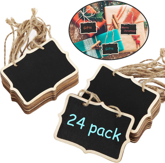 Outus 24 Pcs Mini Chalkboard Signs Bulk Hanging Wood Chalkboard Signs 3.35 x 2.36 Inch Kitchen Notes Chalk Board with Lanyard Bulk Small Message Board for Food Labels Wedding Party Decor Price Tags
