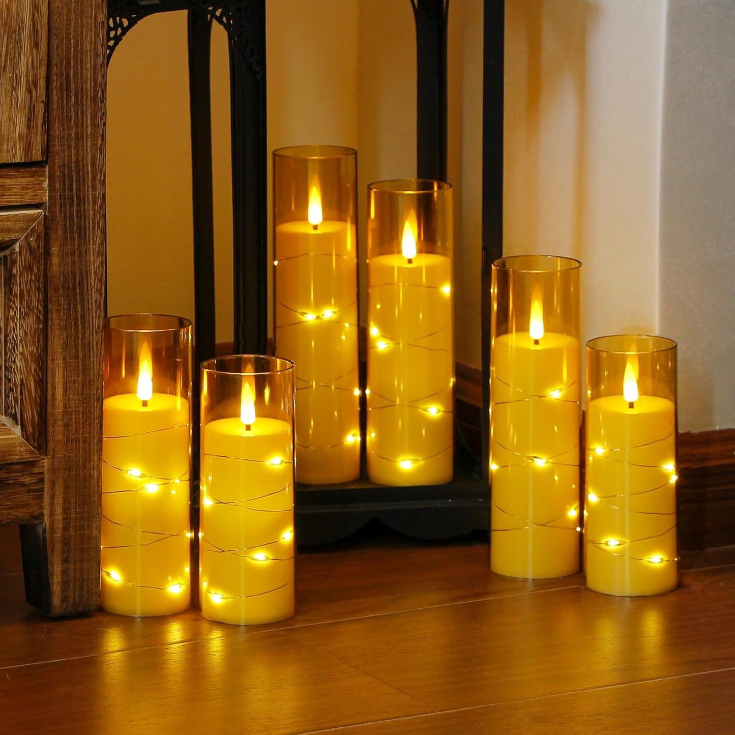 Gold Flameless Candles with Remote and String Light, 2.2"x 5",5",6",7",7",8" LED Battery Operated Plastic Flickering Timer Pillar Candles(Pack of 6,Turn On/Off String Light Mode)