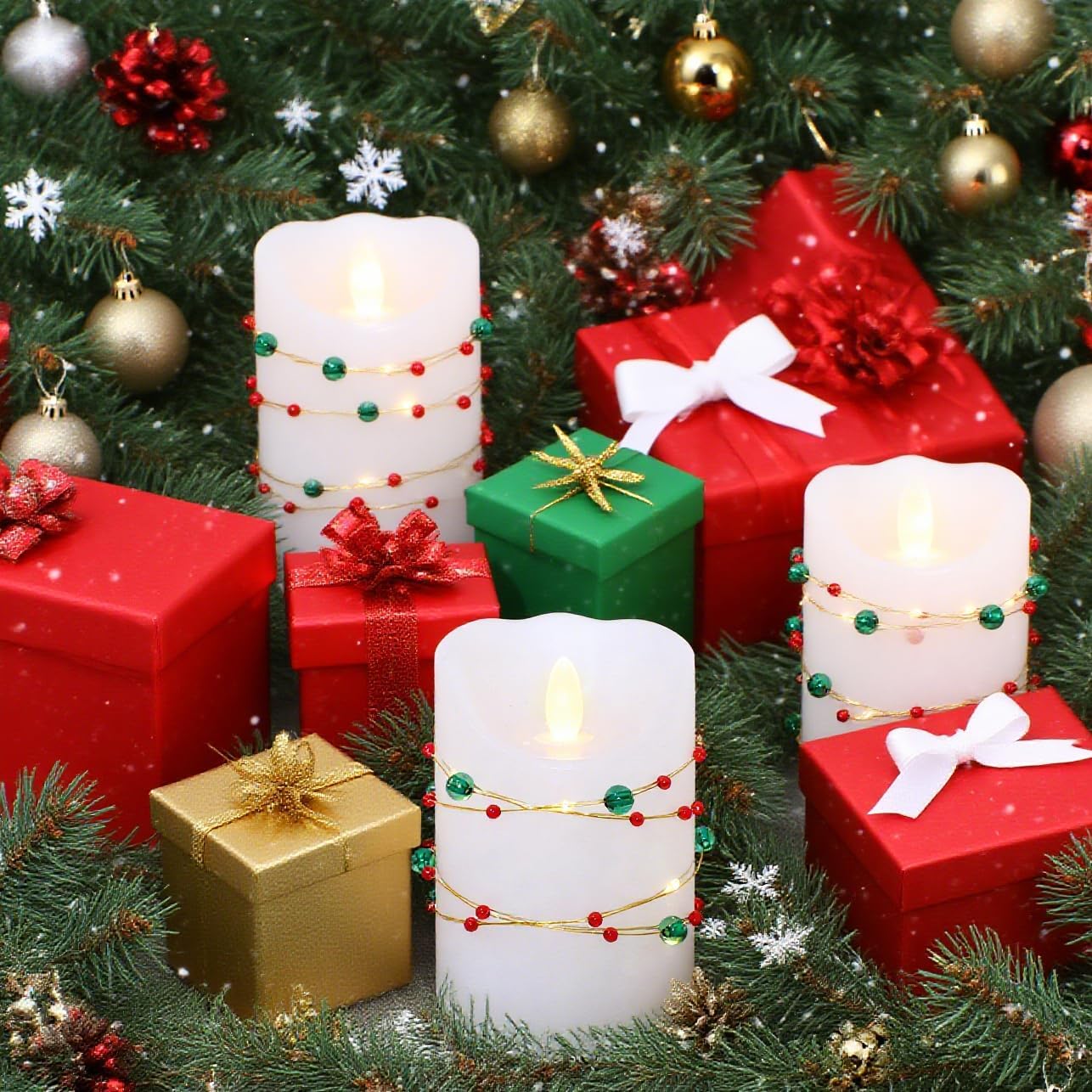 Christmas Flameless Candles with Red Green Beads String Lights - Real Wax Christmas Decor Battery Operated Candles with Remote & Timer- Home Party Bedroom Holiday Xmas Decorations - Set of 3