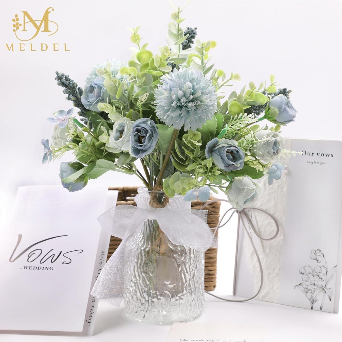 Meldel 3Pcs Rose Bouquet Blue Artificial Flowers Fake Eucalyptus Plants Silk Flower Arrangements Wedding Bouquets Decorations Plastic Floral Table Centerpieces for Home Kitchen Garden Party Decor