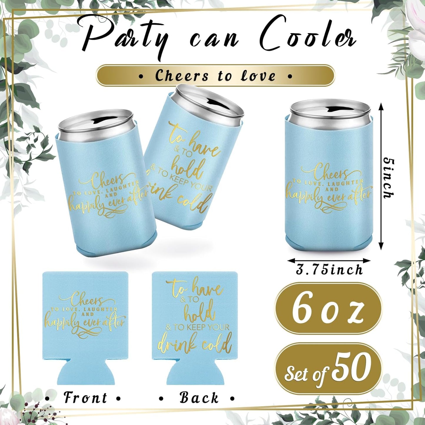 50 Pieces Light Blue Wedding Can Cooler Sleeves Bulk Engagement Party Favors for Guests Cheers to Love Laughter and Happily Ever After Rehearsal Dinner Decorations for Wedding Bridal