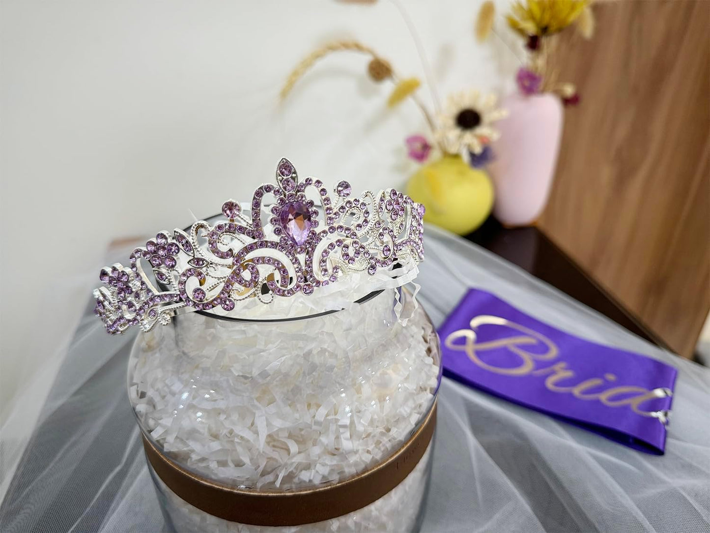 JETKONG 3 Pcs Bachelorette Party Decorations Bridal Shower Crown, Bride to Be Sash&Veil for Women Bachelorette Party Gifts, Bachelorette Party Supplies, Gifts, Favors (Purple)