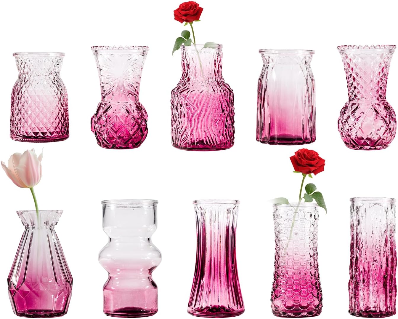 10 Pcs Pink Flower Bud Vases, Loose Transparent Flower Bud Vases, Small Vases, Decorative Vases, Family Wedding Table Decorations